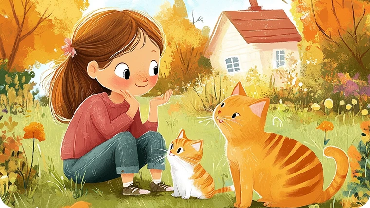 KI-generiertes Cartoon-Mädchen mit Katzen im Garten in AI Ease